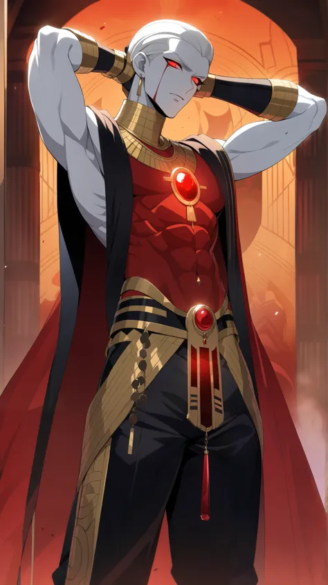 
Pharoah, Handsome, pale white skin, short slicked back white hair. Glowing red demon Eyes, Egyptian Black Velvet Robes, Gold Embroidered Black velvet Egyptian pants. Wears a gold chained glowing Ruby circular Egyptian amulet. Has gold rings. Long ruby ear...