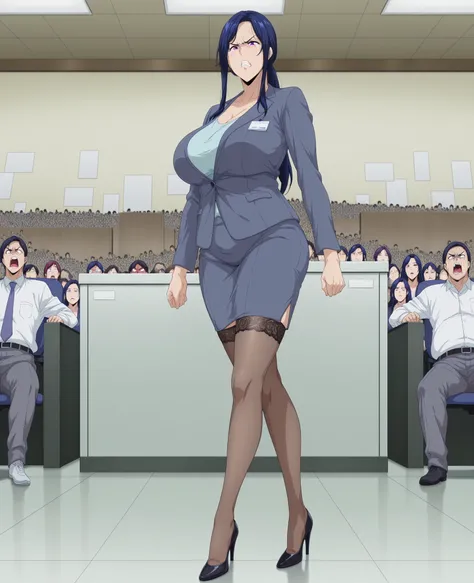 1 Girl, alone,Amazing quality in mm , mature women, blue hair， long hair, Purple Eyes , plump boobs, anime coloring ,
ponytail，whole body，Long Legs，office lady suit，Look directly at the audience，cry，one person，standing，cross legs， black lace stockings ， he...