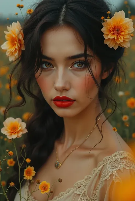 Beautiful European women's face, with a perfect face, dark makeup, red lipstick, beauty of beauty, shadow style [mixing ancient and dreamy elements, integration of images, flower fields. The overall color scheme is dominated by golden sparks, yellow, blue,...