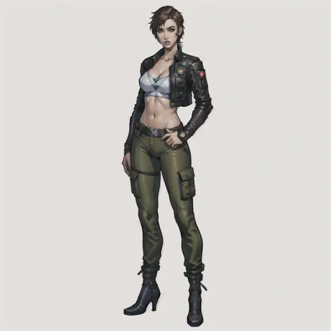 a woman in a leather jacket and pants posing for a picture, cyberpunk 2 0 y. o model girl, female lead character, diesel punk female, quiet from metal gear solid v, quiet from metal gear solid, female outfit, female full body, sci fi female character, shad...