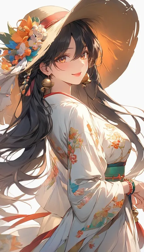 a beautiful girl wearing a flowy blouse with bell sleeves, delicate embroidery, a long skirt with a floral pattern, sandals, a wide-brimmed hat, layered bracelets, chunky rings, detailed facial features, gorgeous eyes, luscious lips, warm lighting, natural...