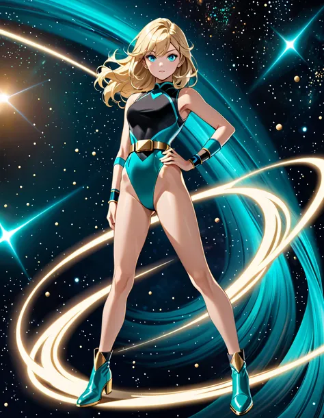 Beautiful and blond, teal blue eyes, sleeveless, high leg leotard, teal blue leotard with black top, high-waisted gold belt, bare legs, matching wrist bands, hand on hip, teal blue ankle boots, standing, space background, time warp