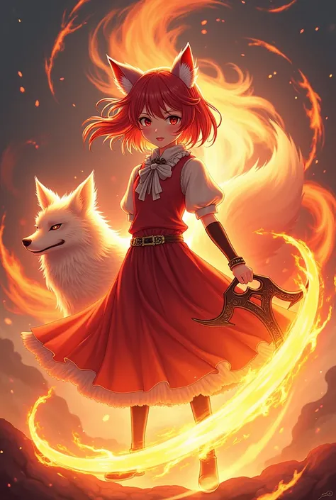 girl with red and white hair，Fire Magic， anime style，Have a fire fox as a pet，Fire Magic镰刀