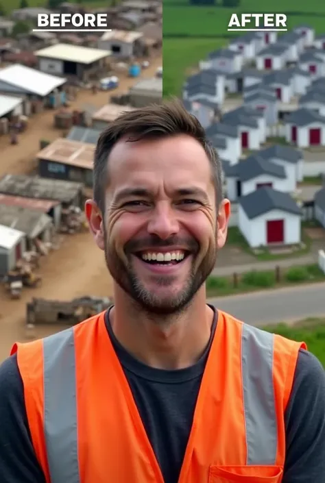 Main Subject: A man with light skin, short brown hair, and a beard is in the center, smiling broadly. He is wearing an orange and white safety vest, which gives a construction worker or humanitarian worker vibe.


2. Background – Left Side ("Before"):

The...