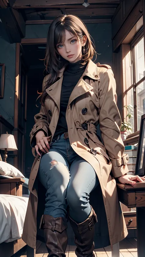 (( A scene with a sense of urgency  (( concept art )), The girl in blue jeans in great detail,  Highly detailed drawing of a girl in a brown coat and boots )), (Better lighting, Better Shadows,  very delicate and terrifying ), ( digital illustration), ((4K...