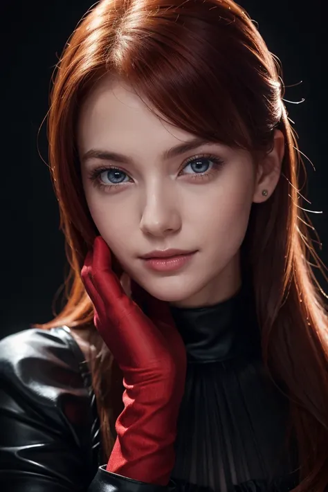  ULTRA BEST IMAGES ,  redhead, A shot of a blue-eyed woman's face,  bright colored blouse , Upper body portrait、RED SILK GLOVES . masterpiece,  Super high quality , Details, perfect face, smile, masterpiece,  ULTRA BEST IMAGES , 超複雑な創造的な Details,  ULTRA RE...