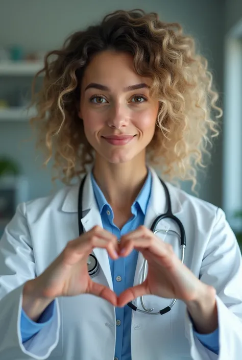 Create an image of a female doctor with curly dark blonde ,  white skin color with dark brown eyes making a heart with her hands