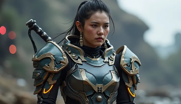 Futuristic Chinese medieval armor with a katana, fiery and weary look yet sexy and captivating, show face, 