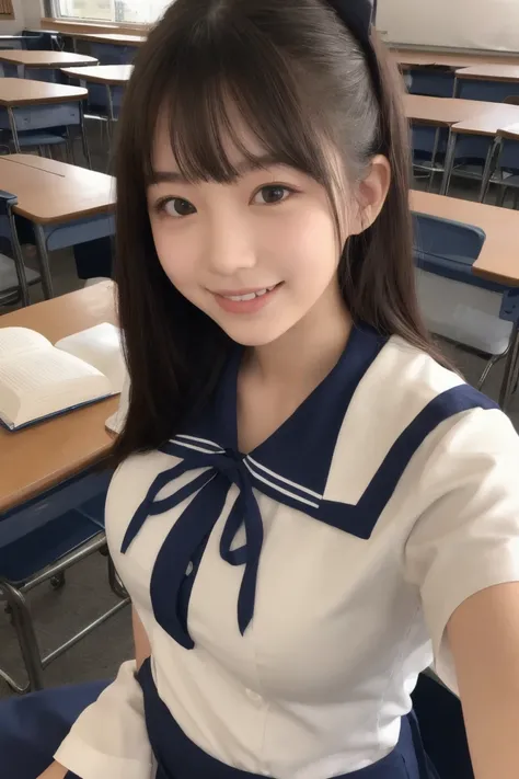 high school girl studying, Big Breasts,  short sleeve sailor suit、smile、classroom