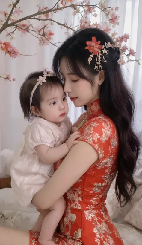 Ultra HD, red cheongsam, long black hair , delicate skin , s's t light ,Holding a one-year-old baby girl,D cup breasts,Face to face with the baby,red and white flower headdress,Facial details