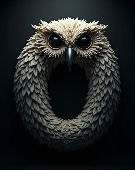 a detailed owl-like letter "O", intricate feather texture, sharp beak, large eyes, photorealistic, hyperrealistic, 8K, highly detailed, cinematic lighting, dramatic shadows, moody color palette, surreal, fantasy