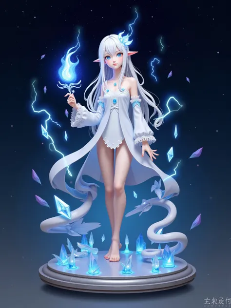 surrealist style,(depicting (((blue fire))) Elemental figurine designed:1.2), 1girl, white snake, character design by Liu Ye,Edwin Austin Abbey,
 BREAK
 long white hair,white eyes,white clothes, Flame between eyebrows，
BREAK
smooth Metal base，(pose:1.4),（S...