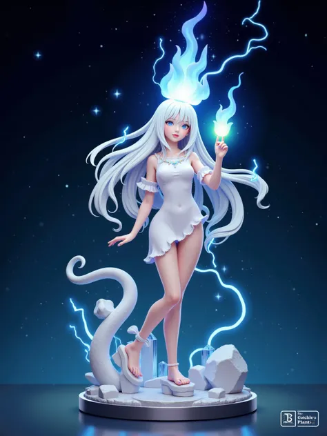 surrealist style,(depicting (((blue fire))) Elemental figurine designed:1.2), 1girl, white snake, character design by Liu Ye,Edwin Austin Abbey,
 BREAK
 long white hair,white eyes,white clothes, Flame between eyebrows，
BREAK
smooth Metal base，(pose:1.4),（S...