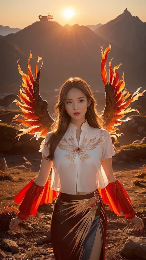 ((( Artwork,  best quality: 1.2), A girl with  Phoenix wings standing in a ring of fire, Beautiful and symmetrical face,  with bright red eyes,  Phoenix, Lotus flower,  red rose gold ,Neat blouse and midi skirt,  sunrise rising from the foot of a mountain,...