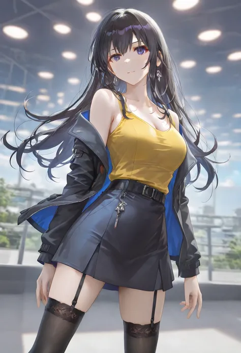 Masterpiece, best quality, latest, absurdres, high resolution, 1 woman, illustration, anime character, wearing a sleeveless yellow top, over which is a black military-style jacket, wearing black stockings with straps, she stands on a stage illuminated by b...