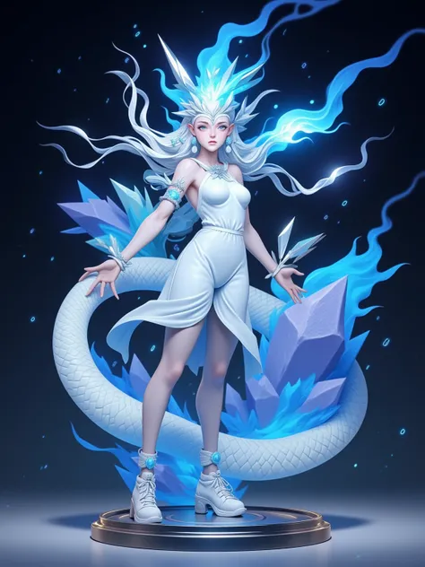 surrealist style,(depicting (((blue fire))) Elemental figurine designed:1.2), 1girl, white snake, character design by Liu Ye,Edwin Austin Abbey,
 BREAK
 long white hair,white eyes,white clothes, Flame between eyebrows，
BREAK
smooth Metal base，(pose:1.4),（S...