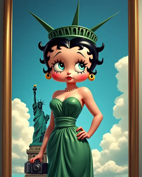 Betty boop,  wearing a “Statue of Liberty” dress，background blue sky and white clouds ，Statue of Liberty background ， Home Watch Video, picture frame, chiaroscuro,  USA advertising poster , 