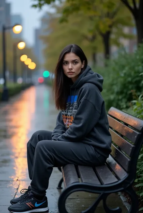 a stylish photo featuring a beautiful woman sitting on a black metal bench in a city park. The layout is centered, with the subject positioned in the middle of the frame. She has straight, black-brown hair that is styled, and she is wearing a stylish dark ...