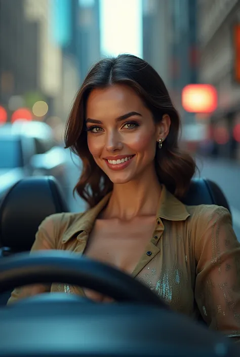 An image of a woman driving a luxury car smiling
