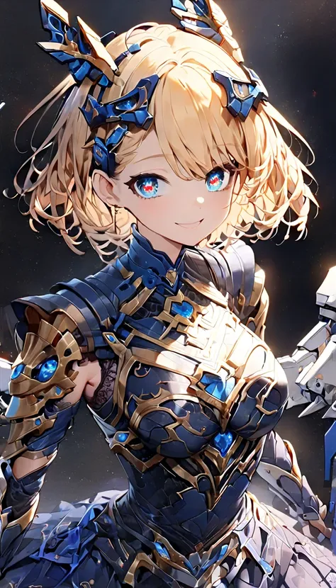 masterpiece、 best quality、 very detailed、 high resolution、 peak eyes 、 1 girl、 blonde hair、( short hair:1.4)、 Side Braids 、Curly Hair、 wavy hair falling to the floor、 drill hair、outward curl hair 、(Machine corner :1.5)、Mechanical Wings、(blue eyes:1.5)、( be...