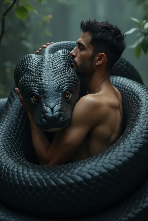 A man without a beard and a mustache hugs a giant cobra of black color 