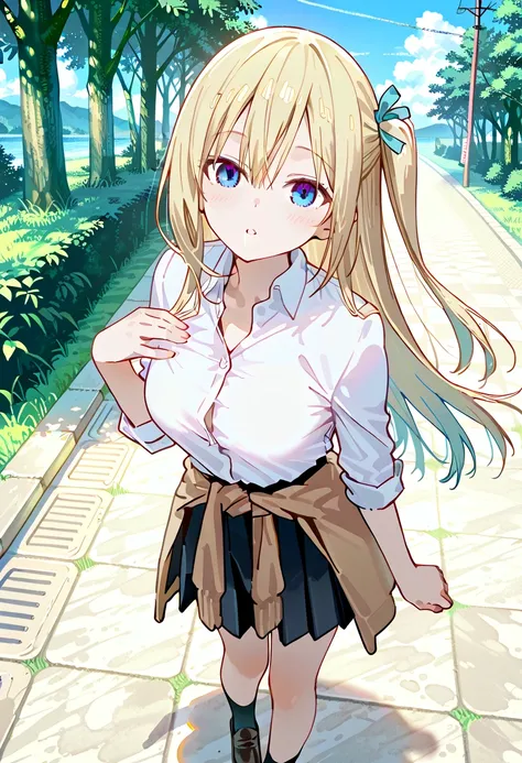 ( realistic、masterpiece、 top quality、  detailed face 、 detailed background)、Hayasaka Ai 、((Blonde))、 (( semi-long hair))、( one up side、 blue hair ribbon 、blue eyes)、  1 girl、solo、 Slightly Bigger Breasts、(Schoolの制服、 white shirt 、 black pleated skirt、 cardi...