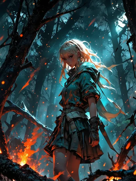 Image style manga détaillée et precise, ultra haute définition, une jeune fille vêtement simple, vue de dos, blonde avec quelque mèches bleue turquoise combattant un sorcier mage noir, dans une forêt tres dense, quelque arbre en feu, ciel sombre rougis par...