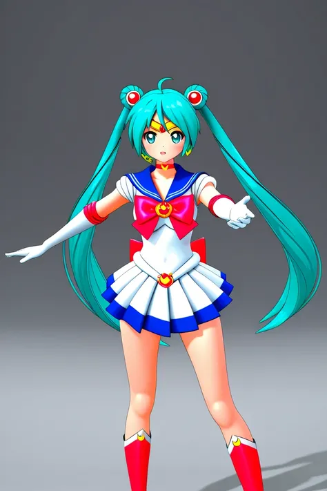 anime style, fusion character, miku hatsune (vocaloid), sailor moon, 3d, perfect hands, high resolution, high quality, hd