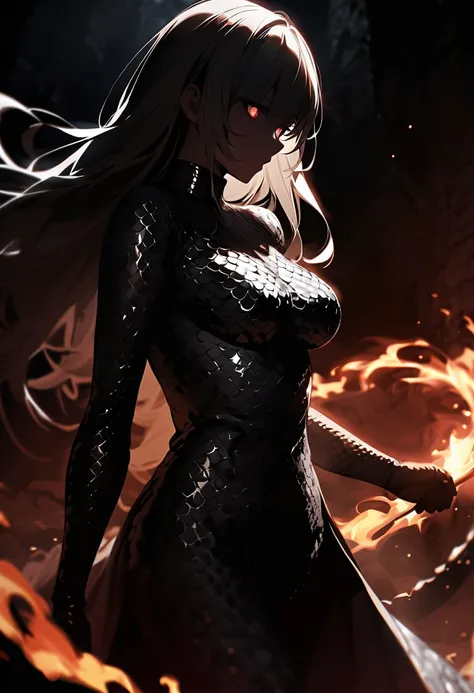 (masterpiece, best quality:1.2),a beautiful gentle snake woman,long white hair,sharp eyes,black eyes,silver metallic snake scale armor),dark horror,mythic, Flame,dynamic scene,dynamic light,shading and contrast, safe for work