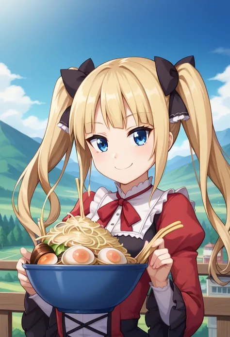 Eat a mountain of ramen jiro,Highest quality,Blonde with blue eyes、Lolita、Small breasts、Twin tails、girl&#39;mischief,smile,,Bean sprout ramen towering like Mount Everest,