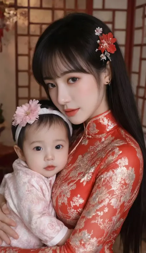 Ultra HD, red cheongsam, long black hair , delicate skin ,Kaziran's eyes, s's t light ,Holding a one-year-old baby girl,D cup breasts,Face to face with the baby,red and white flower headdress,Facial details