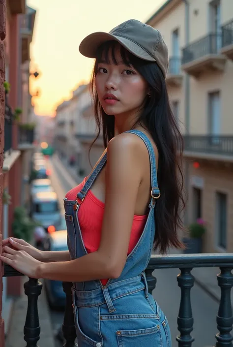 Beautiful Asian woman, 18 years.
Open chest, no buttoned shirt, Very large chest, size 45 inches,

from side, looking away
Leaning against a wrought-iron balcony railing, she overlooks a bustling European street with a sense of allure
- -
acid-washed denim...