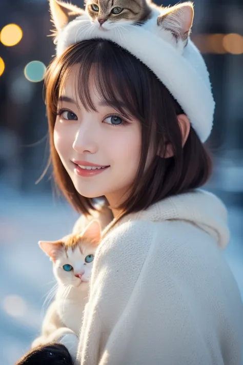 A woman with a cat on her head,winter,snow, she's not looking at the camera , sideways, light makeup, Short bob hairstyle, Taken from a Distance ,  beautiful face,  beautiful lips, Clothes are black knit , Fluffy,  smiles, looks at a cat,  High Quality , m...