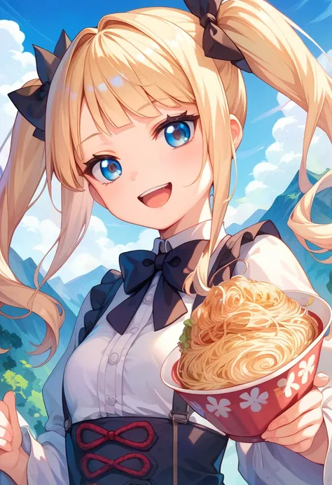 Eat a mountain of ramen jiro,Highest quality,Blonde with blue eyes、Lolita、Small breasts、Twin tails、girl&#39;mischief,smile,,Bean sprout ramen towering like Mount Everest,