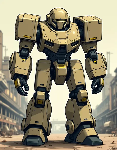 Japanese animation art. Draw a futuristic robot. The robot is covered in thick armor, with a color scheme primarily consisting of beige and light gray, accented by black and yellow lines. The shoulders, arms, and torso are particularly robust, designed to ...