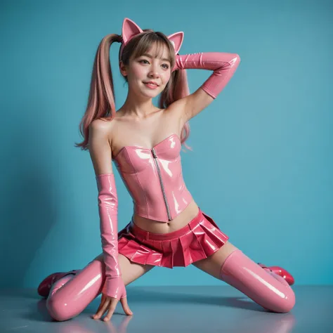  1 girl, slim ,  double ponytails, Cat ears,  masterpiece,  Anatomically correct, UHD,  Super detailed , red straight long hair,  neon pink latex thigh high shoes, neon pink latex arm warmers , neon pink latex underbust corset  ,  pleated skirt neon pink l...