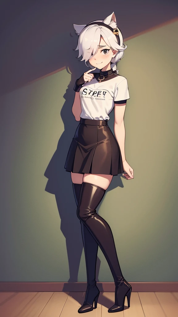 score_9, score_8_up, score_7_up, score_6_up, score_5_up, score_4_up, source_anime , colettetrixie, smile, small breast, light skin, blush, black eyes, hair over one eye, hairband, worth, white T shirt, black long skirt, tall heels, bonding thigh boots, hig...