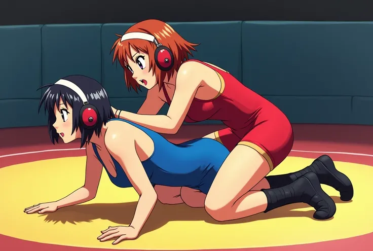 ultra detail, anime style. Match from the nineties . a female in a blue freestyle wrestling singlet is on all fours in the center of the mat, and a female in a red freestyle wrestling singlet is holding it from behind