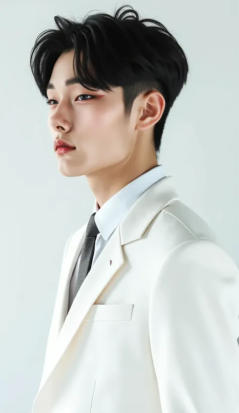 "A 22-year-old Korean man in a profile view, facing to the right, wearing an elegant all-white outfit consisting of a white blazer over a plain white shirt, with no tie, captured from the belly up on a transparent PNG background. The composition is framed ...