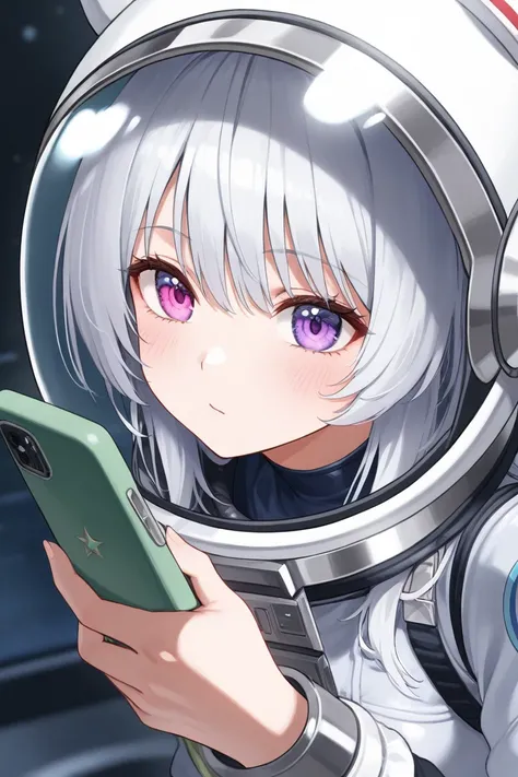  Close-up version of an improved masterpiece:1.5)0.9], :1.2) ( silver hair :1.1) (: Xanthochromia and purple eyes:1.2) (space helmet:1.0) (:1.0) (A radiant glow:1.1) (:0.9) Detailed anime style  Holding the cell phone Magic academy 