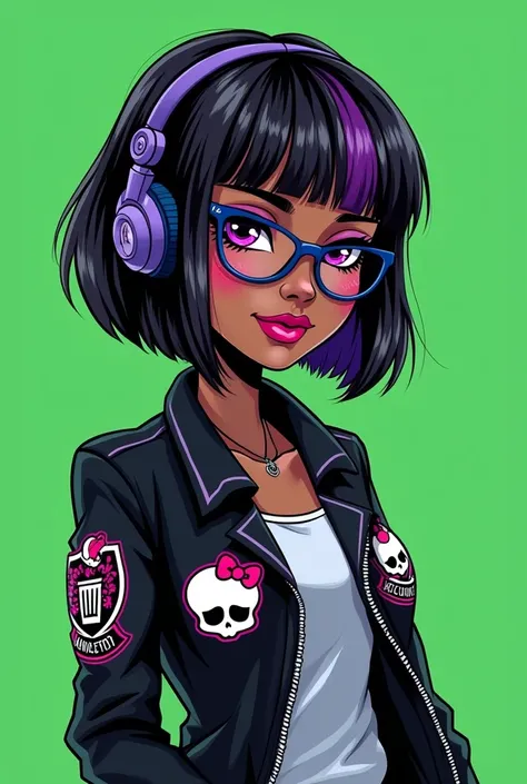 mujer adulta,  dark skin,  ,  slim body,  breastless body ,  small breasts, without breasts, short hair,  Straight hair,  half hair , split hair, black and purple hair, pink eyes, with glasses, with headphones,  with monster high logo jacket,green backgrou...