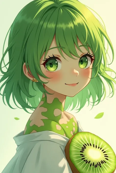 kiwi anime girl,  in white clothes, soft green skin, painted, with seeds