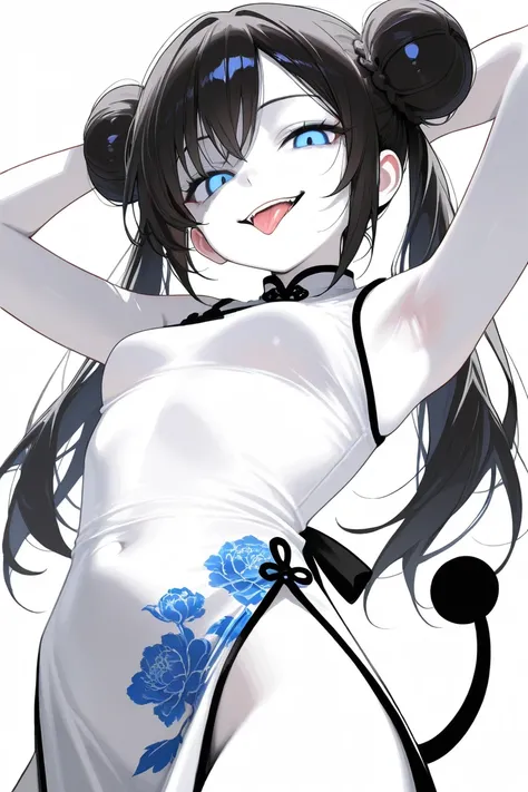 (Best Quality, Background Detail), Best Quality, Original Detail Dynamic Art, Anatomically Correct, Tongue hanging out, Blue eyes, (Point of View from Below), Waist View, Aside, One Girl, Provocative Gaze, Evil Smile, White Skin, Twin Tails in a Bun, Dark ...