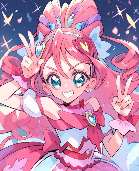  Top Masterpieces, best quality, 1 girl in the best,whole body, Pretty Cure,キミとアイドル Pretty Cure,Cure Idol ,On the Sparkling Stage ,whole bodyショット, peace sign the viewer, winks