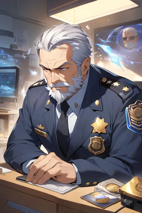  middle-aged male 1, Police Chief , Silver hair, Heavy face, short beard,
 navy suit and a gold police badge , 
 Magic detector on his desk and a high-tech monitor