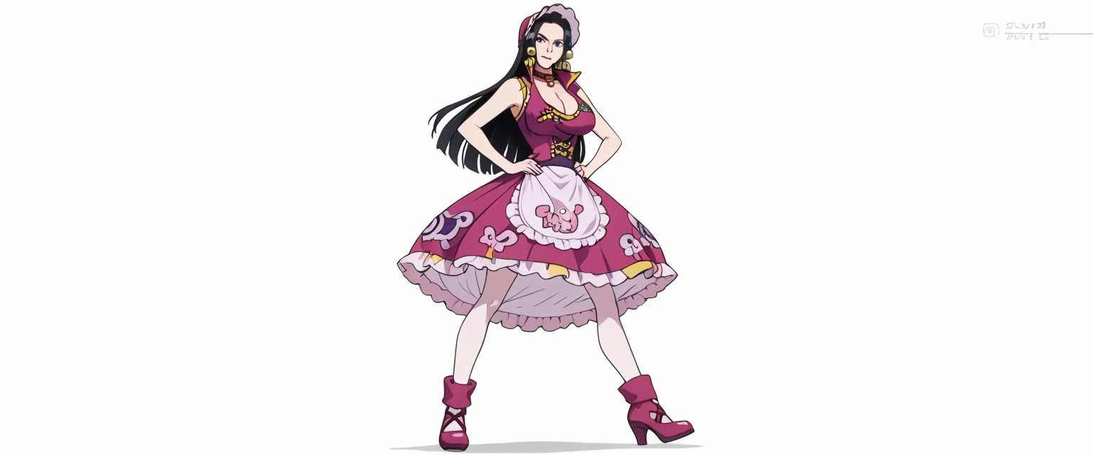 Boa,  grown woman ,  1 girl,  black hair , her hair is collected in a dark pink bonnet ,  long hair,  Blue eyes,  big breasts, cleavage, stands on his feet,  legs spread wide,  dressed in an elaborate pink dress with ruffles and ruffles and a short skirt ,...