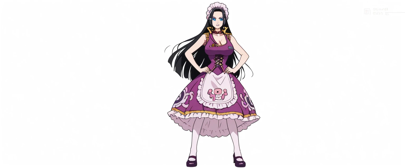 Boa,  grown woman ,  1 girl,  black hair , her hair is collected in a dark pink bonnet ,  long hair,  Blue eyes,  big breasts, cleavage, stands on his feet,  legs spread wide,  dressed in an elaborate pink dress with ruffles and ruffles and a short skirt ,...