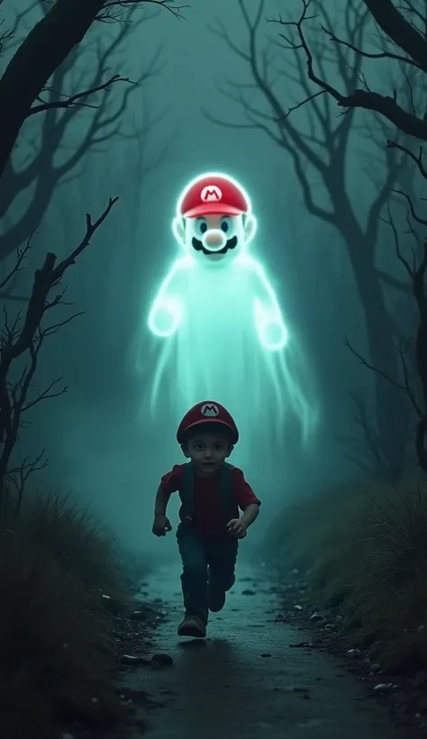 help me creating an image of a ghost of Mario Bros following a boy in a dark night that is running 