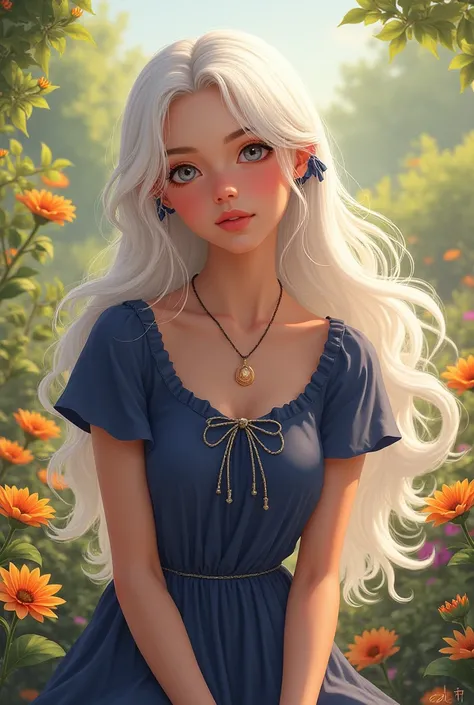 20 year old woman, long flowing white hair, olive skin, wearing a navy short-sleeved dress, wearing a ribbon, sitting in a garden with lots of flowers, gentle, radiant and full of affection