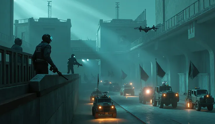 A medium shot captures a group of **cybernetic guards** standing atop the **prison walls**, their glowing **cyan visors** scanning the sea of rebel vehicles below. One guard grips a sleek **plasma rifle**, while another directs a **surveillance drone**, it...